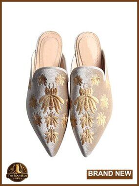 Velvet Embroidered Pointed Toe Slip On Mules Flats Loafers